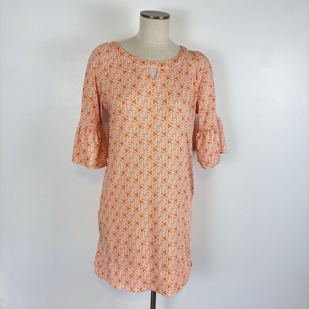 Erma's Closet Women's Medium Orange White Printed Bell Sleeve Cut Out Dress